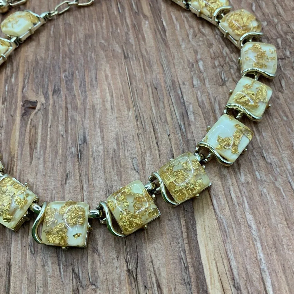 Coro Vintage Gold Tone Lucite Gold Flecks Square Link Necklace